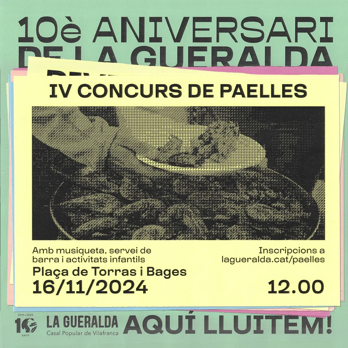 Poster for the IV Concurs de Paelles on a green background with overlapping pastel posters