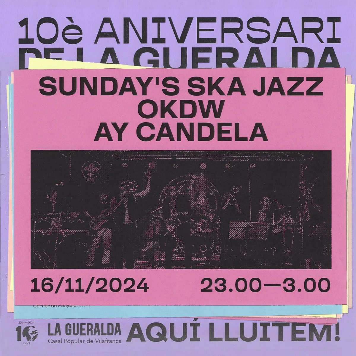 Poster for the Sunday's Ska Jazz, OKDW and Ay Candela concert on a lilac background with layers of posters