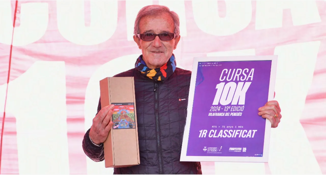 Running race branding: older man holding the first-place certificate of the 10K race against a pink backdrop