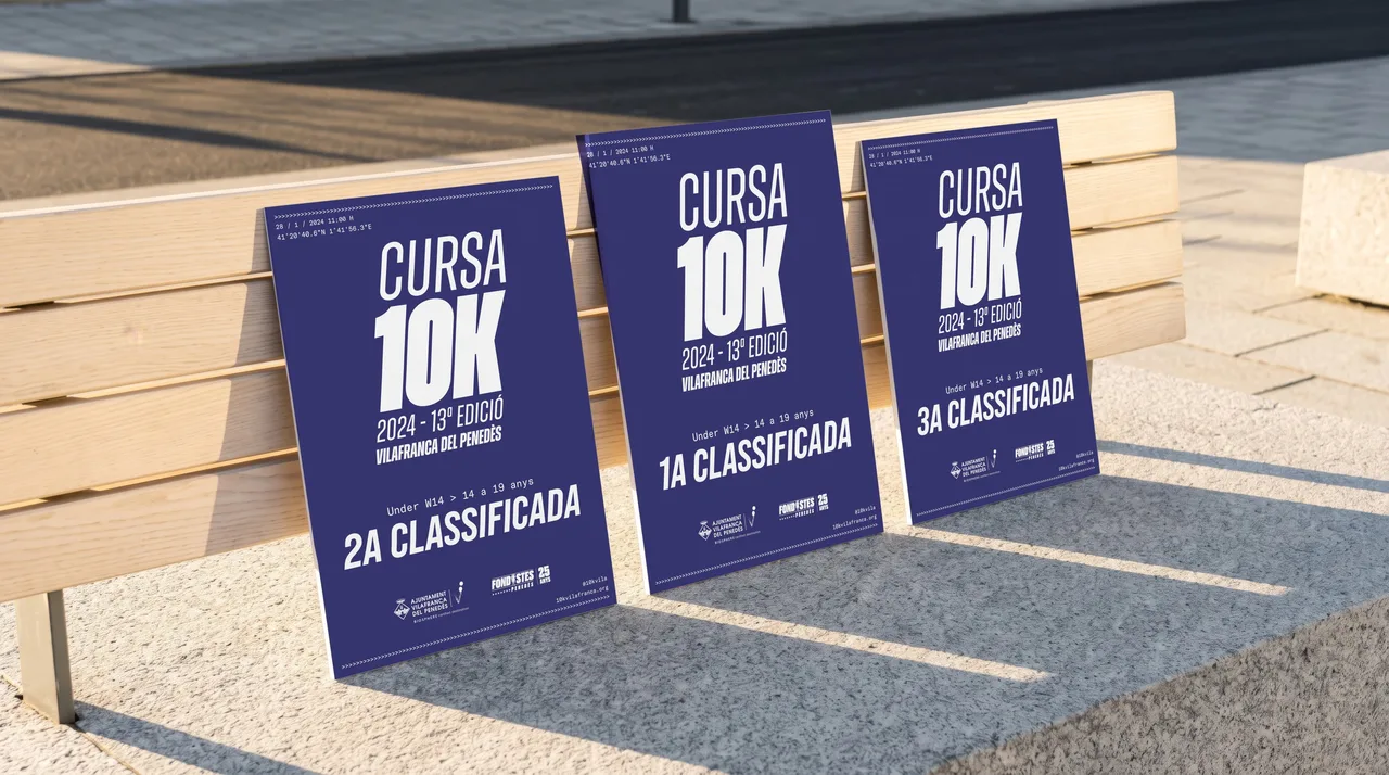 Identitat per a una cursa de 10 km: tres plaques blaves de la Cursa 10K, de la segona, la primera i la tercera classificada, recolzades en un banc
