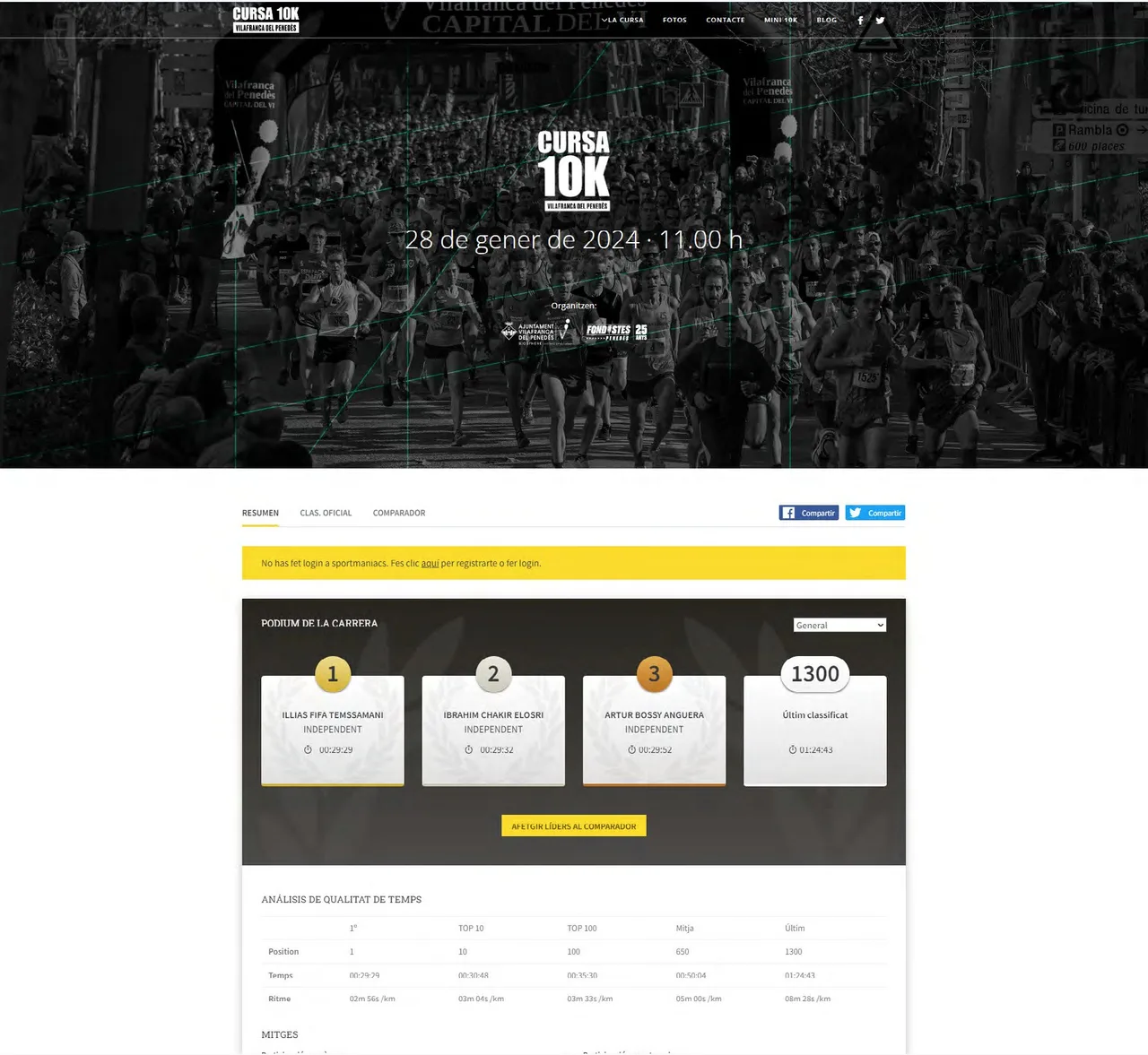 Cursa 10K results website with the podium and a dark header