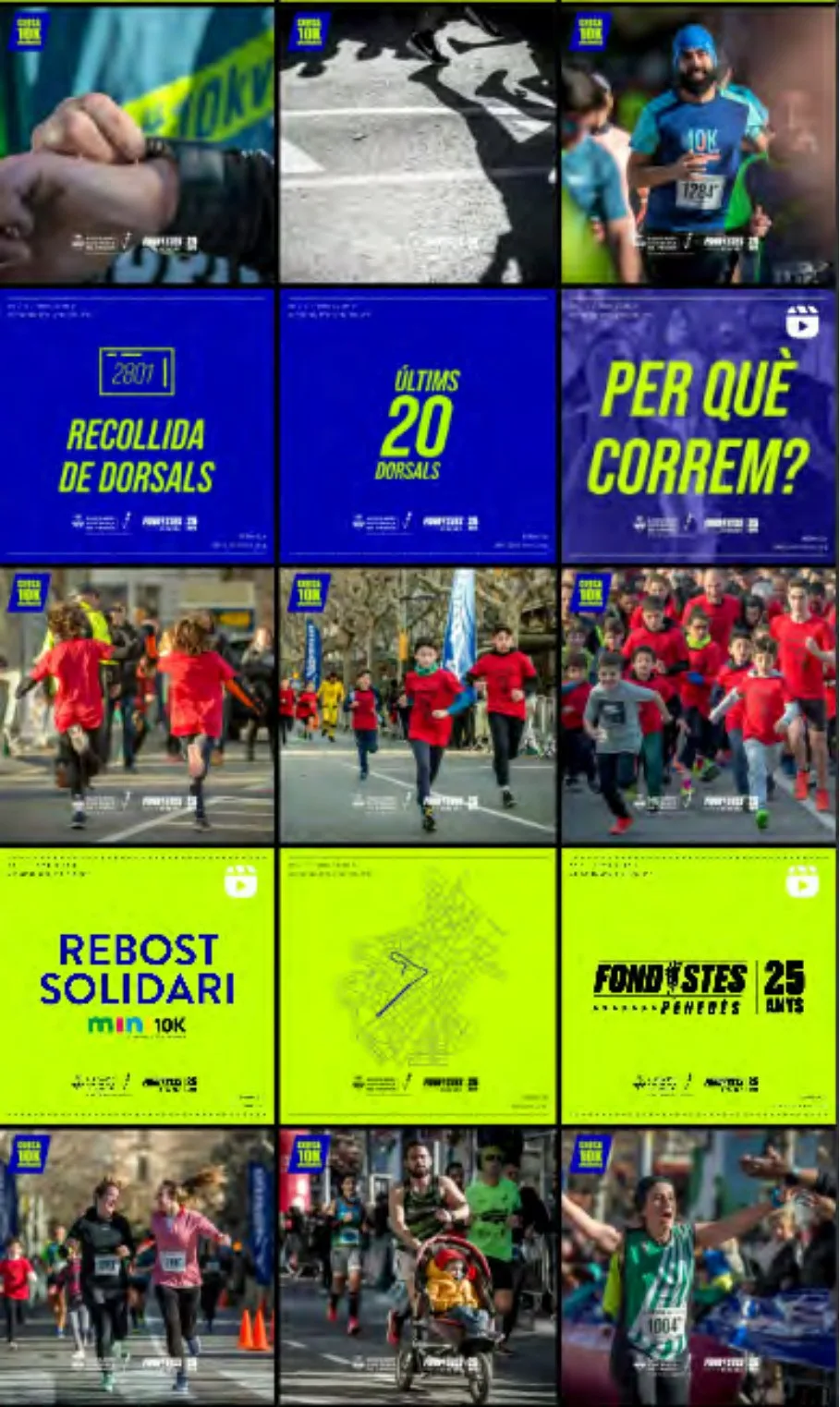 Instagram grid for the 10K with electric blue and lime posts over runner photos