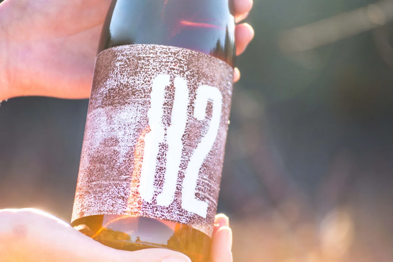 Bottle with the 82 label, one of the hand-stamped wine labels printed in soil ink, held in both hands against the light