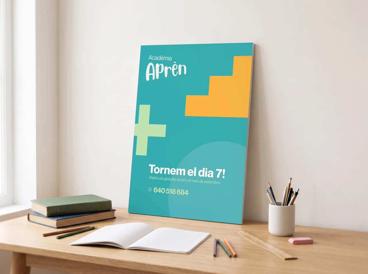 Acadèmia Aprèn 'Tornem el dia 7!' poster in turquoise with geometric shapes