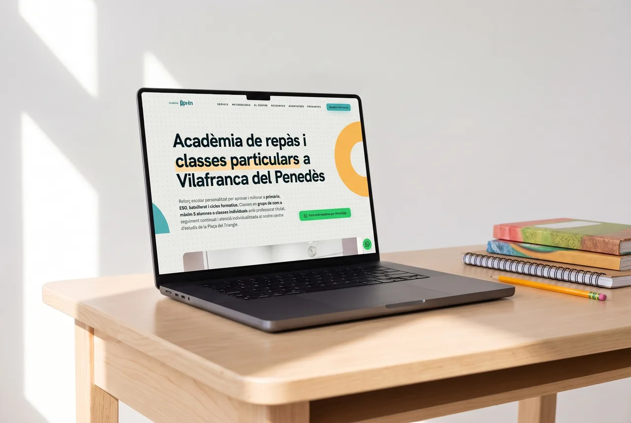 Acadèmia Aprèn website home page on a laptop on a study desk