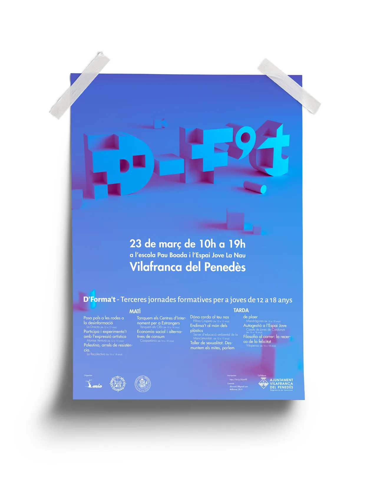 D-Forma't poster taped to a wall, blue and pink gradient with the 3D logo