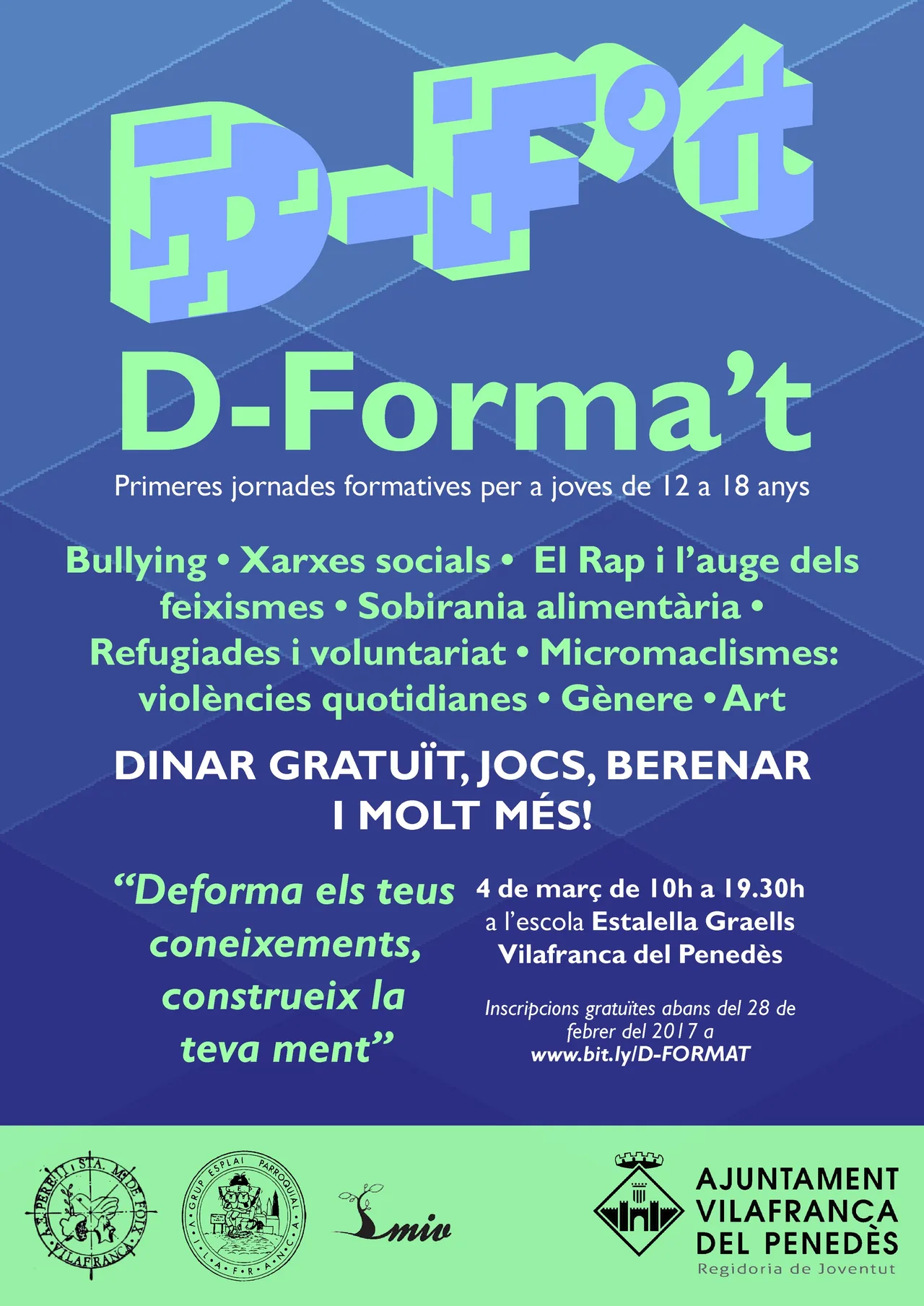 Poster for the first edition of D-Forma't in blue and purple with the 3D logo and green sponsor strip