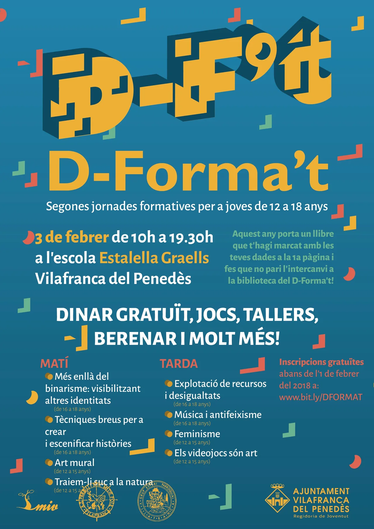 Poster for the second edition of D-Forma't in teal with the yellow 3D logo and geometric shapes