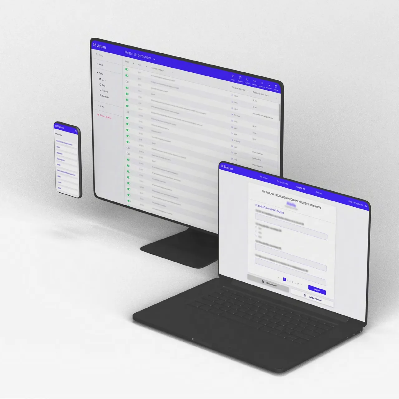 Audit software branding and UI design: Datum interface on a monitor, a laptop and a phone against a white background