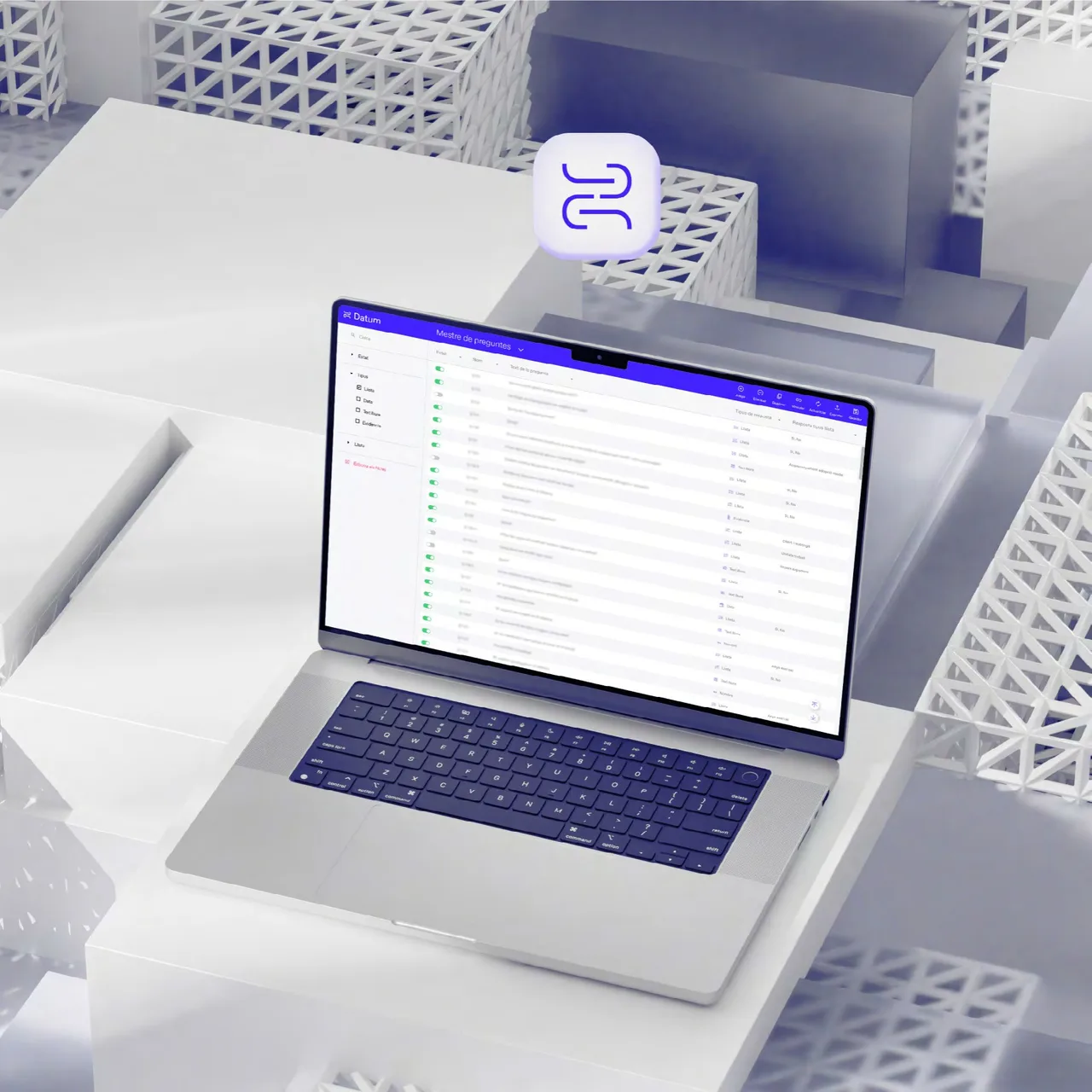 Laptop showing the Datum data table among white lattice structures
