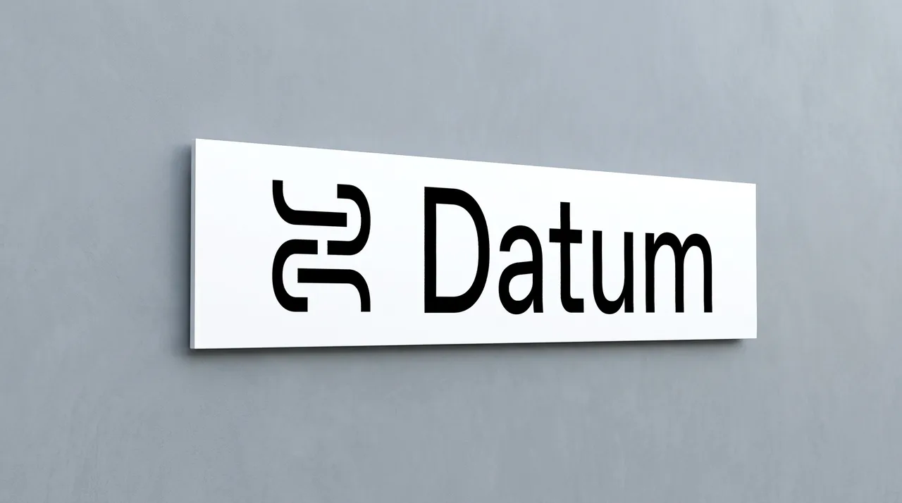 Identitat i interfície per a un programari d'auditoria: rotulació blanca amb el logotip de Datum en negre sobre una paret grisa