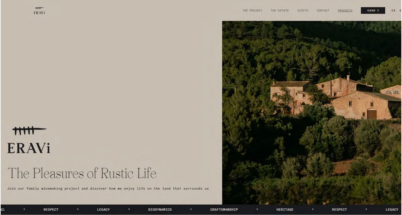 Pàgina d'inici de la web d'ERAVi amb el logotip i una fotografia del celler entre vinyes