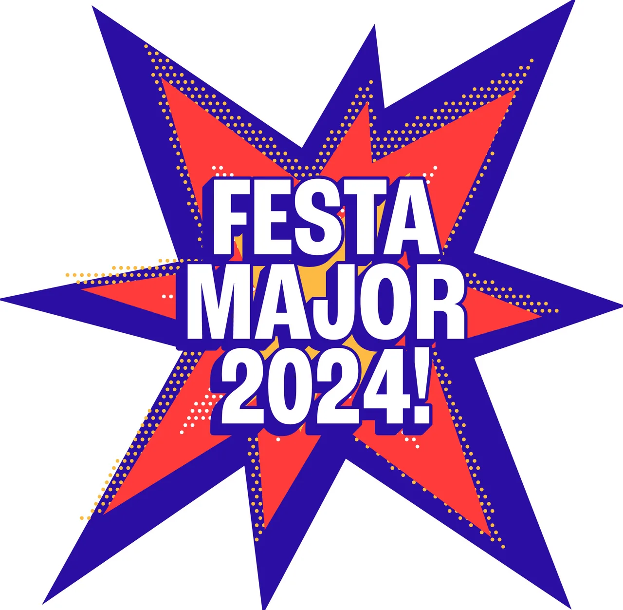 Logotip tipogràfic Festa Major 2024! sobre un motiu explosiu blau i vermell