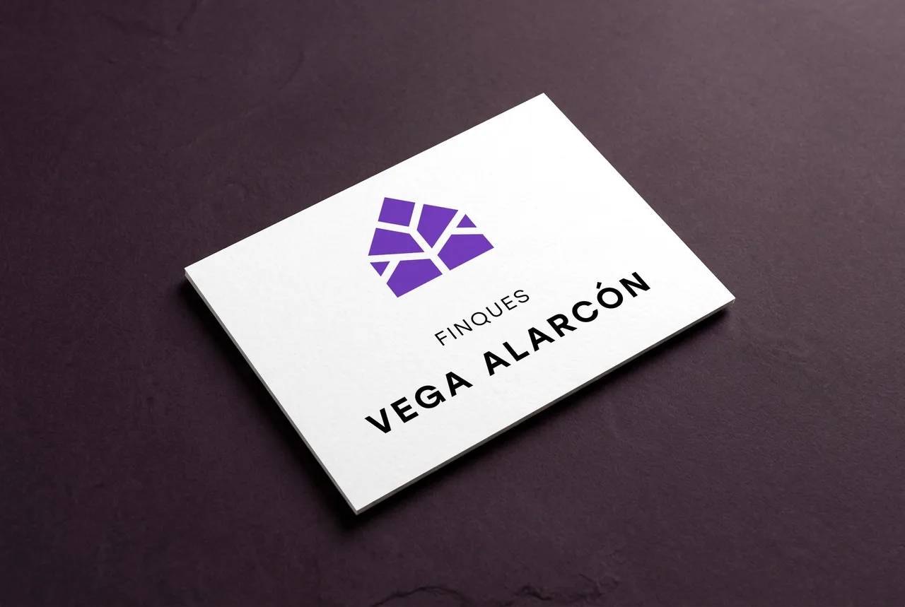Targeta blanca amb el logotip vertical de Finques Vega Alarcón, la casa de losanges morats, sobre una superfície morada fosca