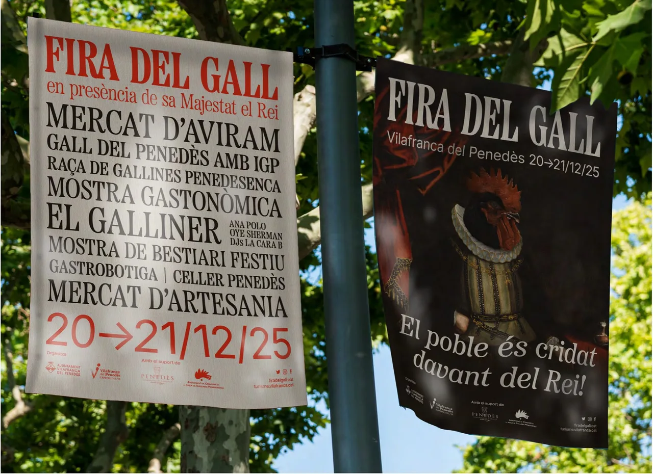 Heritage fair poster campaign for Fira del Gall 2025: two street banners, a light one with the program and a dark one with the portrait of the rooster