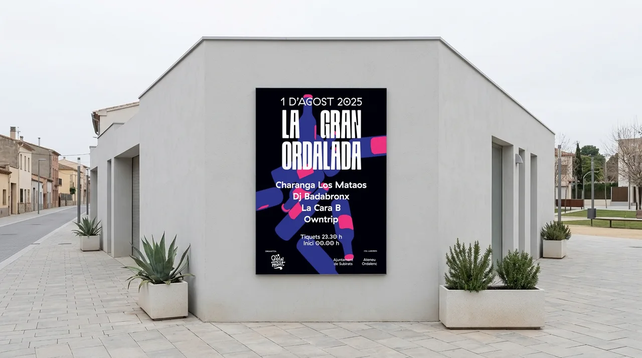 3D animated event poster: La Gran Ordalada 2025 poster in blue, pink and black hung on a wall in a village square
