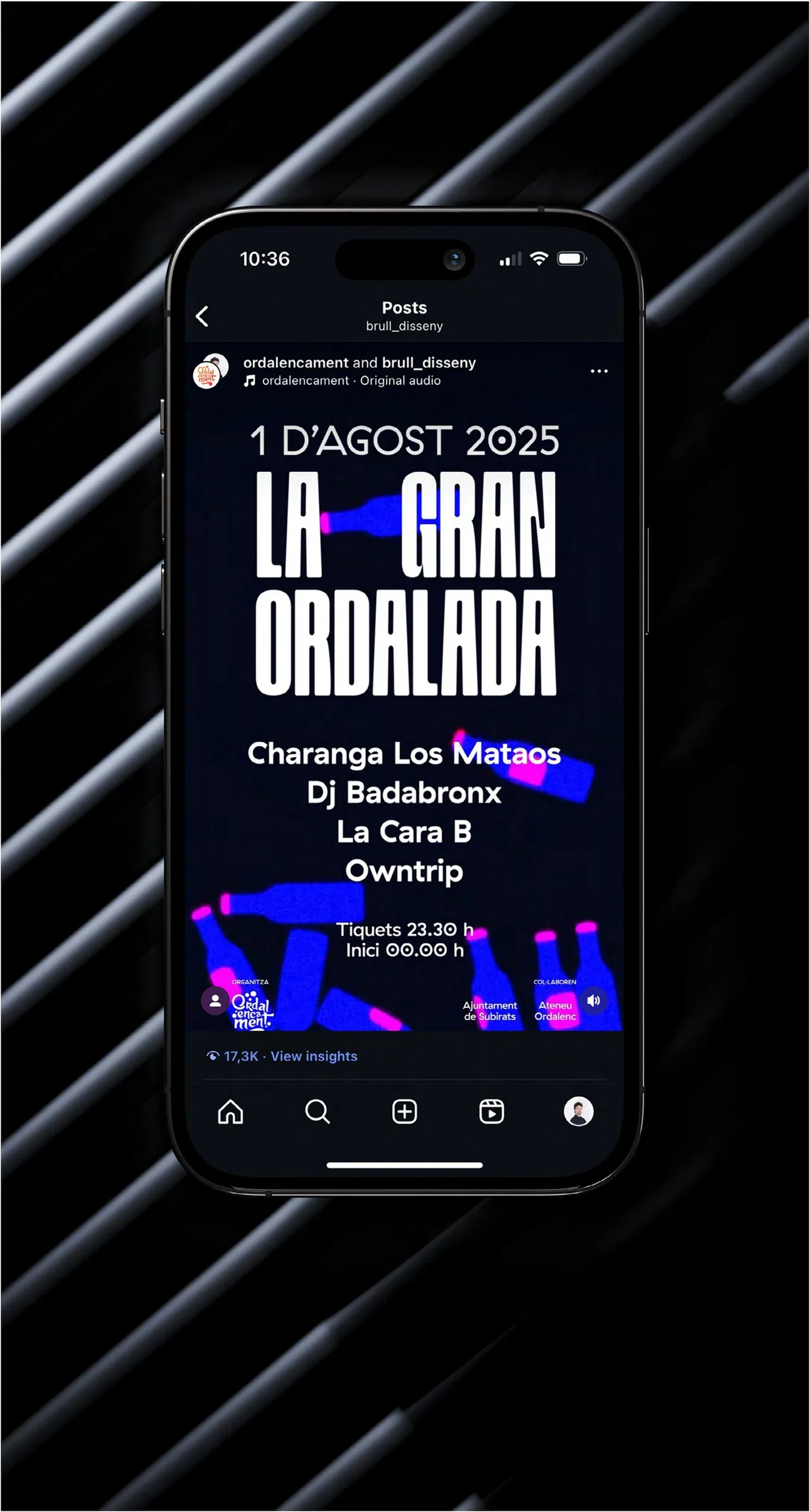 Cartell 3D animat per a una festa: mòbil amb la publicació del cartell de La Gran Ordalada, amb quintos en 3D blaus i magenta i el line-up