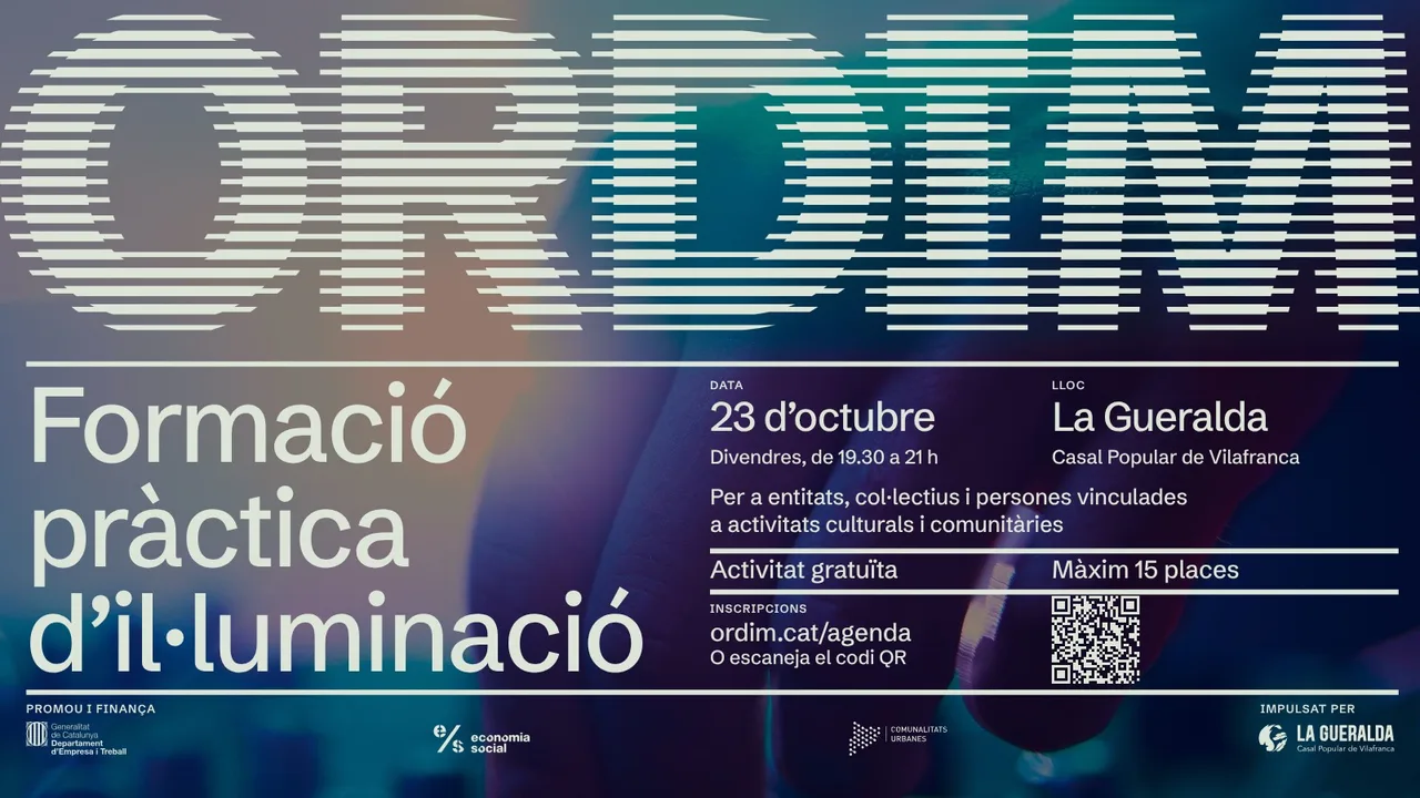 Cartell del taller de formació pràctica d'il·luminació d'Ordim sobre fons de colors