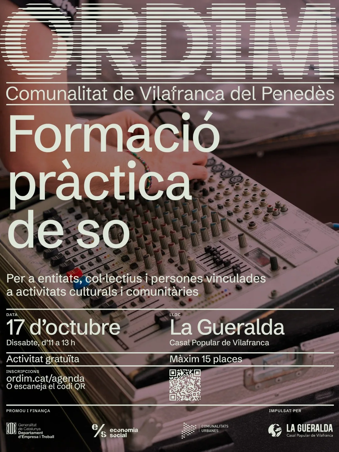 Cartell del taller de formació pràctica de so d'Ordim, amb el logotip a dalt