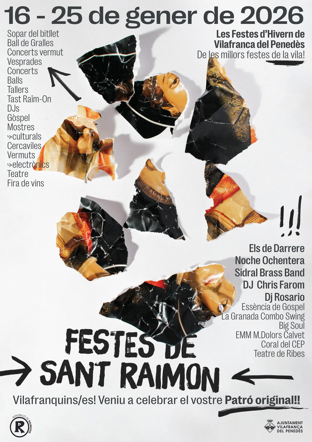Festes de Sant Raimon poster with fragments of the saint's image scattered across the page