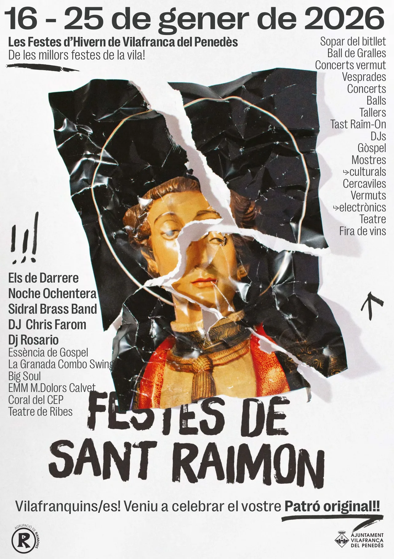 City festival campaign: Festes de Sant Raimon poster with a torn image of the saint and the line "Patró original"