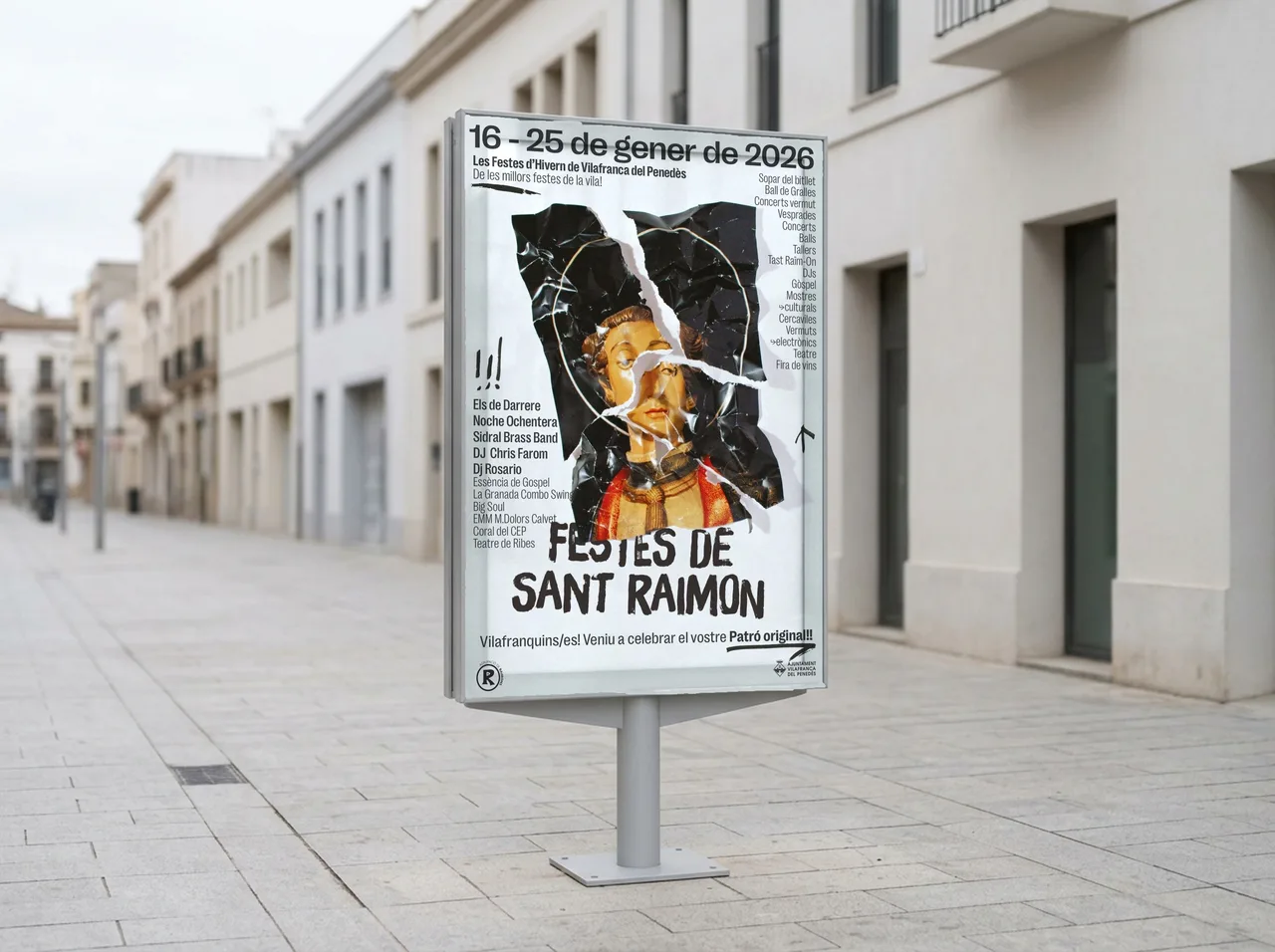 Festes de Sant Raimon poster in a street display case on a pedestrian street