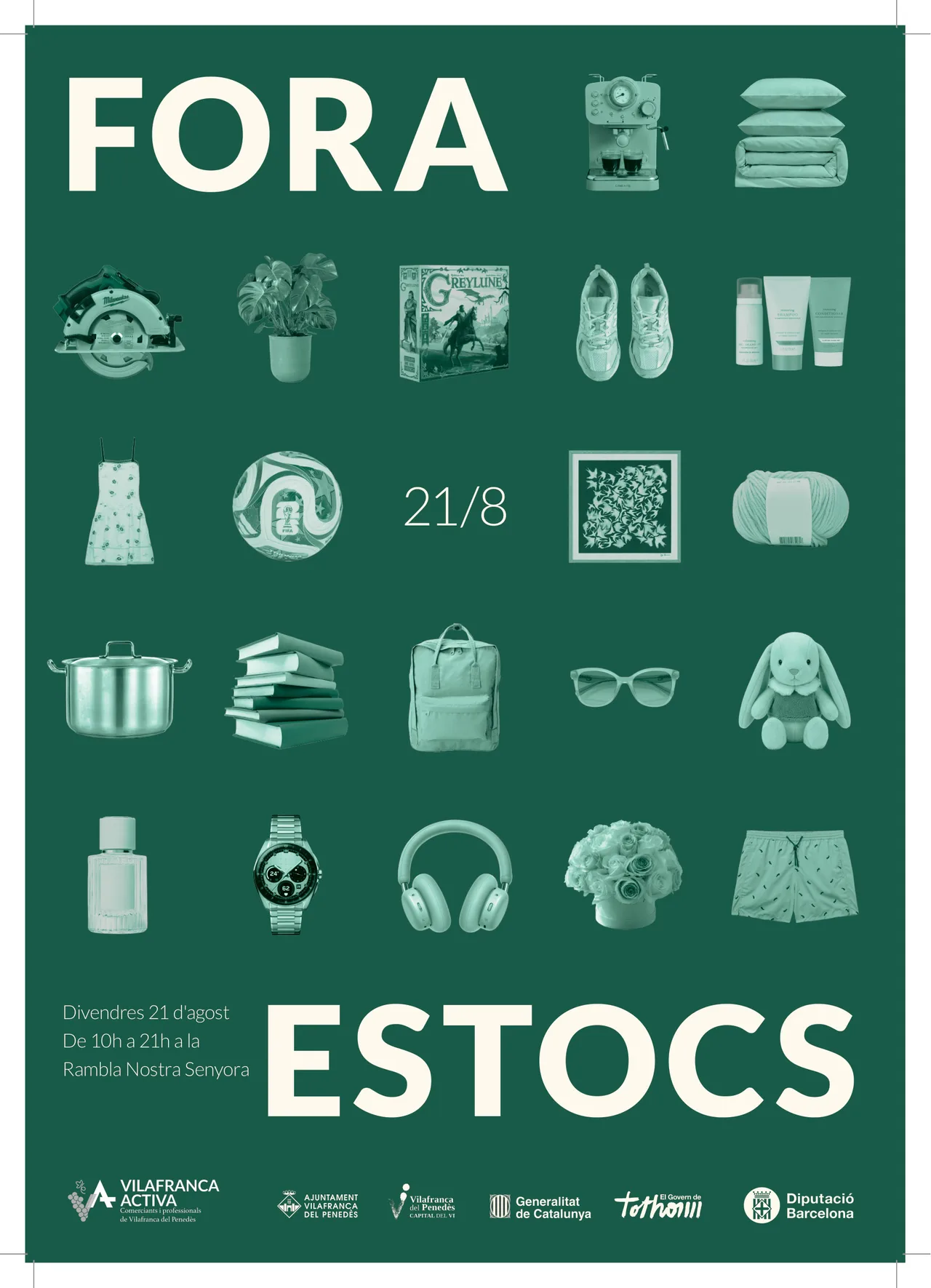 Fora Estocs poster with product icons on a green background