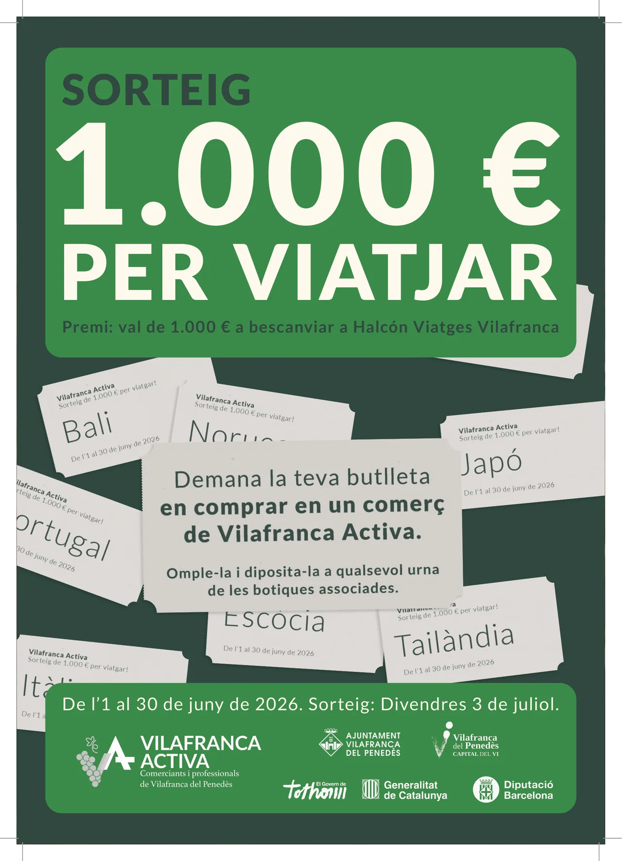 Poster for the 1,000 euro travel prize draw in green and white