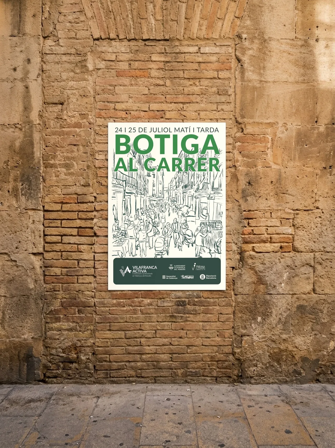 Botiga al Carrer poster with a drawing of a busy street, pasted on a stone and brick wall