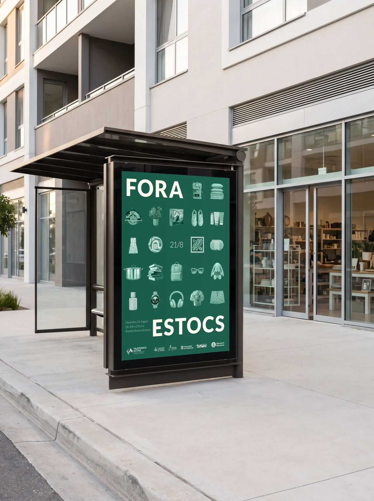 Fora Estocs poster at a bus shelter