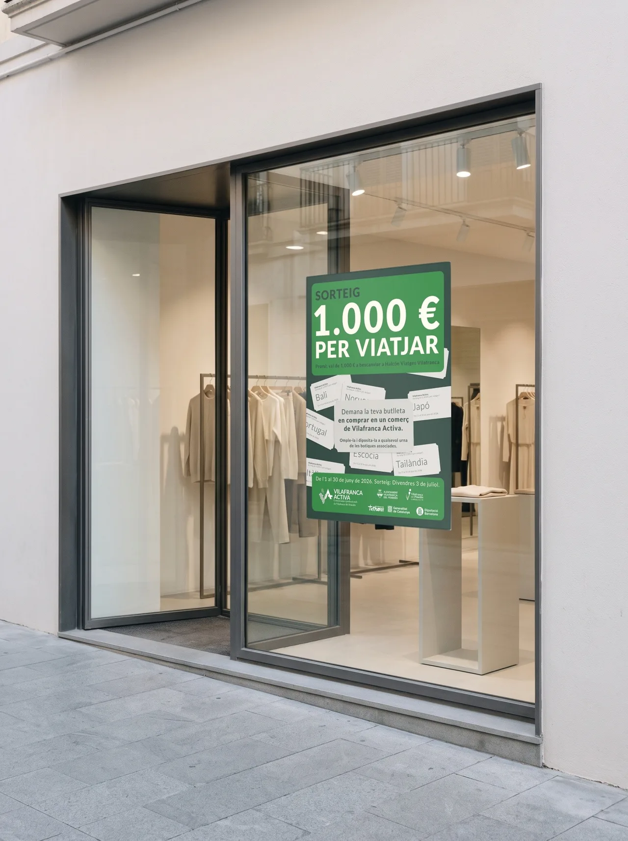 Poster system for a merchants' association: Vilafranca Activa poster for the 1,000 euro travel prize draw in a shop window