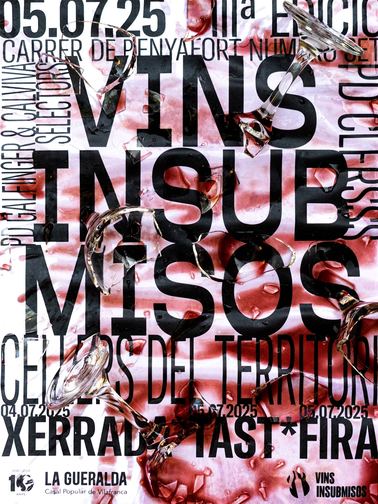 Variation of the Vins Insubmisos 2025 poster with a broken glass over a wine stain
