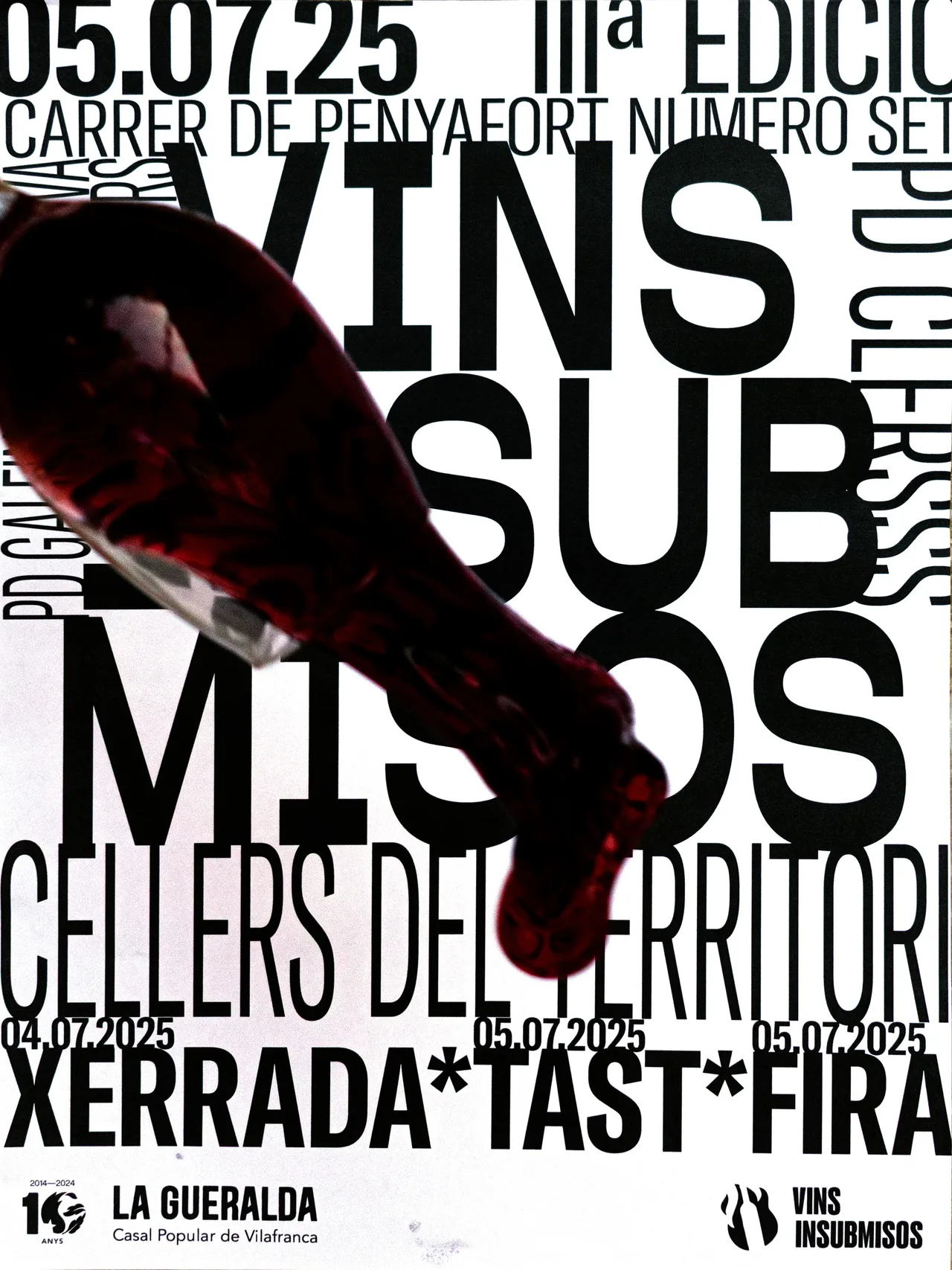 Variation of the Vins Insubmisos 2025 poster with a stream of dark wine on a white background