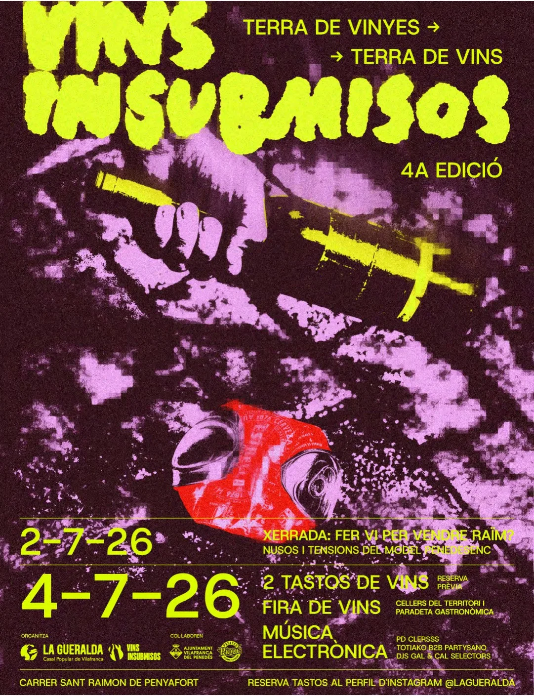 Vins Insubmisos 2026 poster in lilac, fluorescent yellow and red, with a bottle crushing a beer can