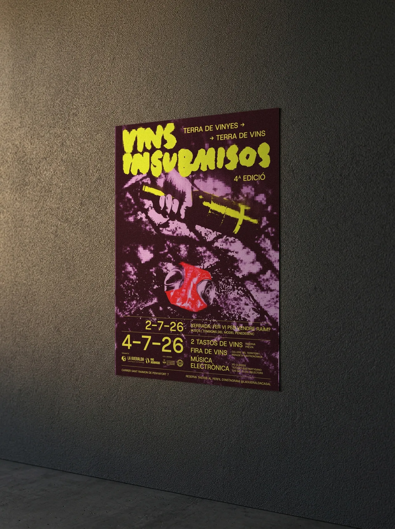 Poster for the 4th edition of Vins Insubmisos (2026), a wine festival poster with yellow lettering on a maroon background, hung on a dark wall